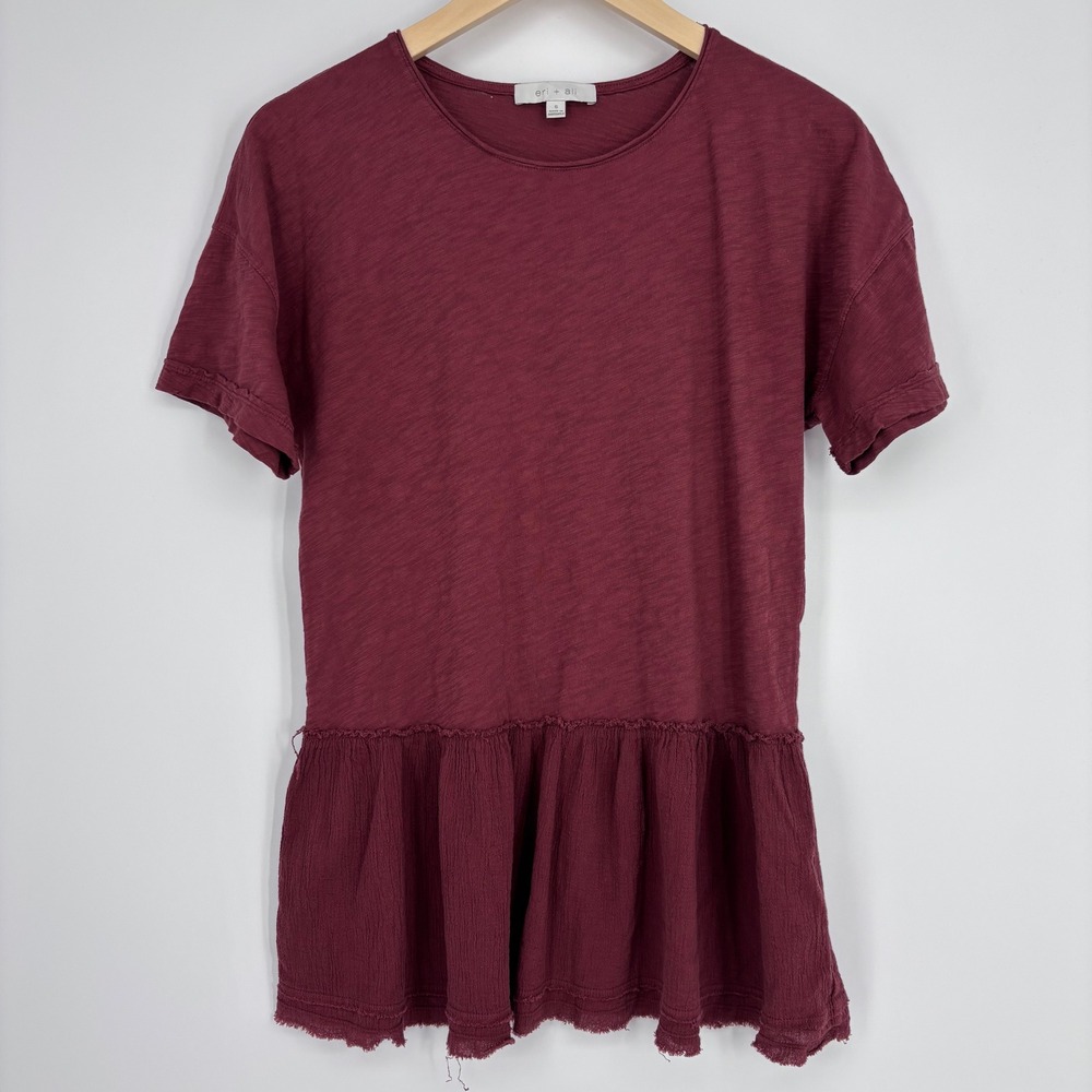 Eri + Ali Peplum Top Women Small Burgundy Slub Cotton Raw Hem Boho Anthropologie